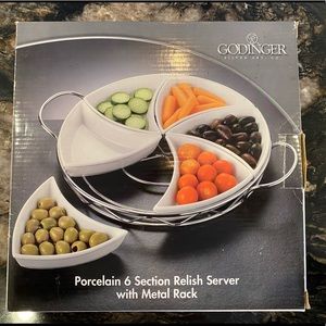 Godinger porcelain 6 section relish server with metal rack